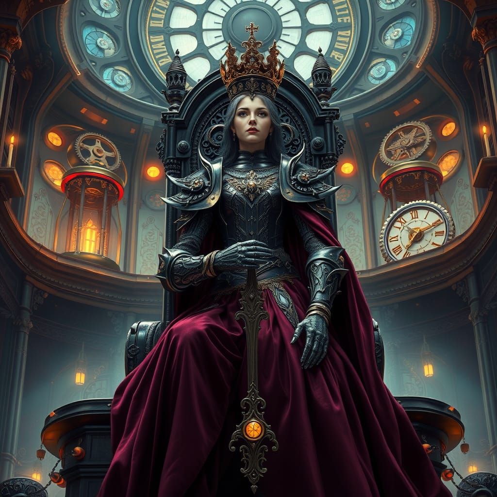 Steampunk Queen on Clockwork Throne in Baroque Style
