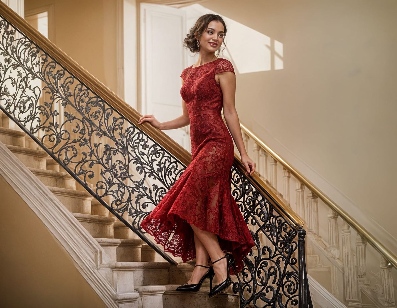 Woman in Red Dress Descending Stairs