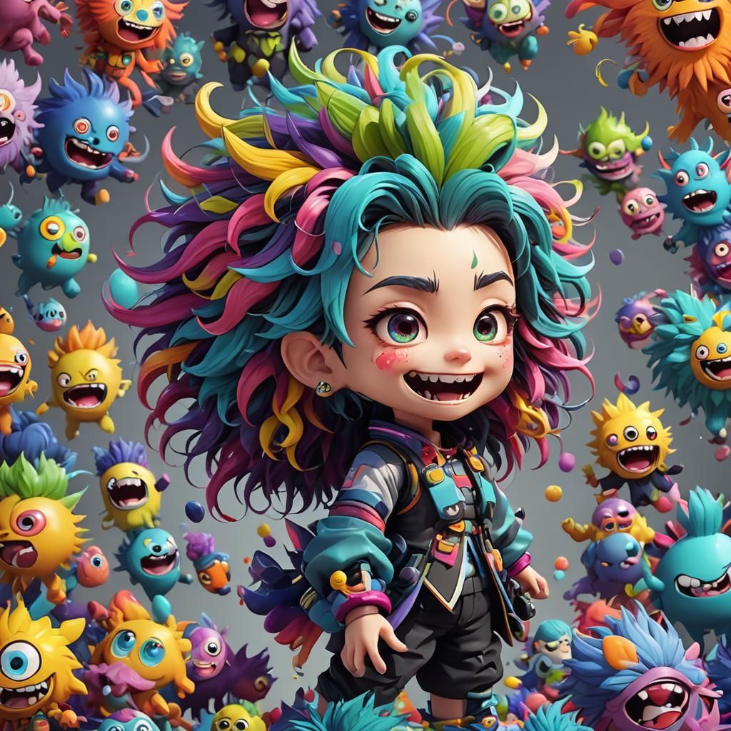 whimsical stylized caricature chibi with crazy hair, portraying a fuzzy, colorful, funny, cute, smily little monster