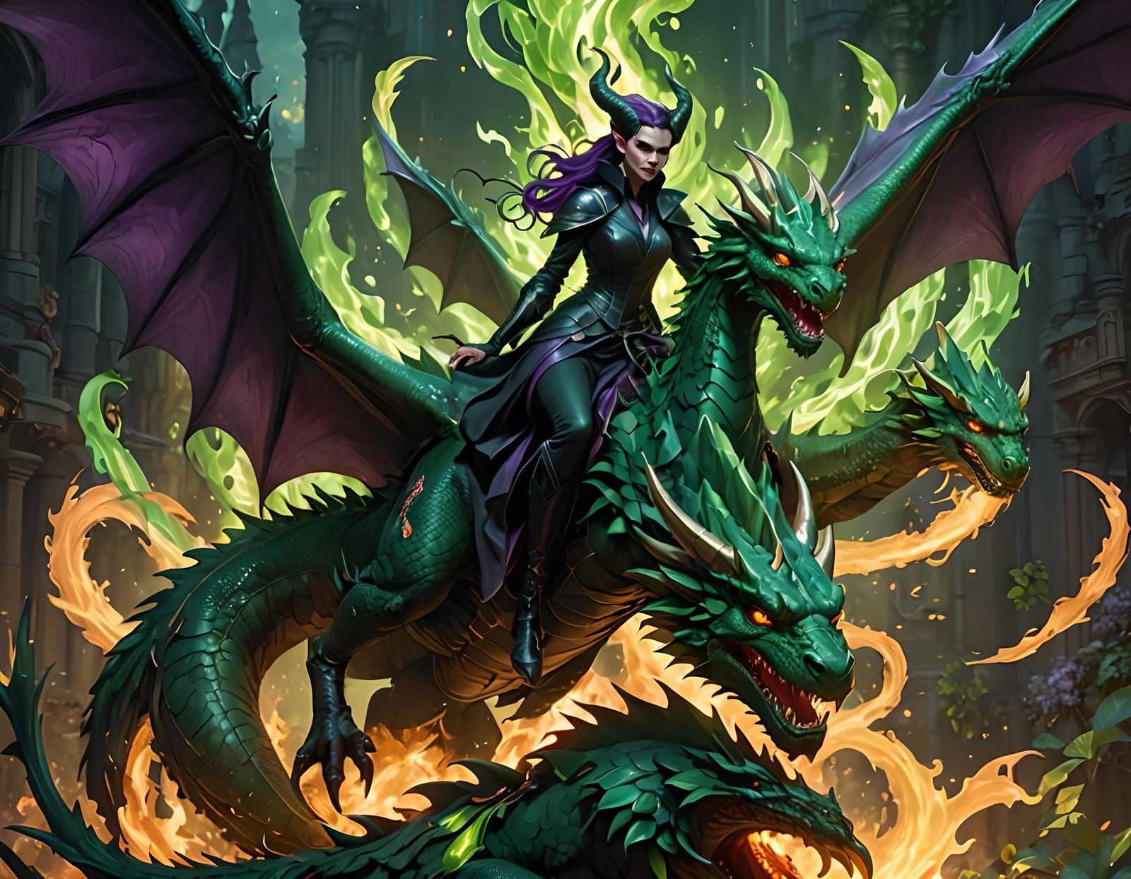 Maleficent on Dragon in Green Flame: Concept Art