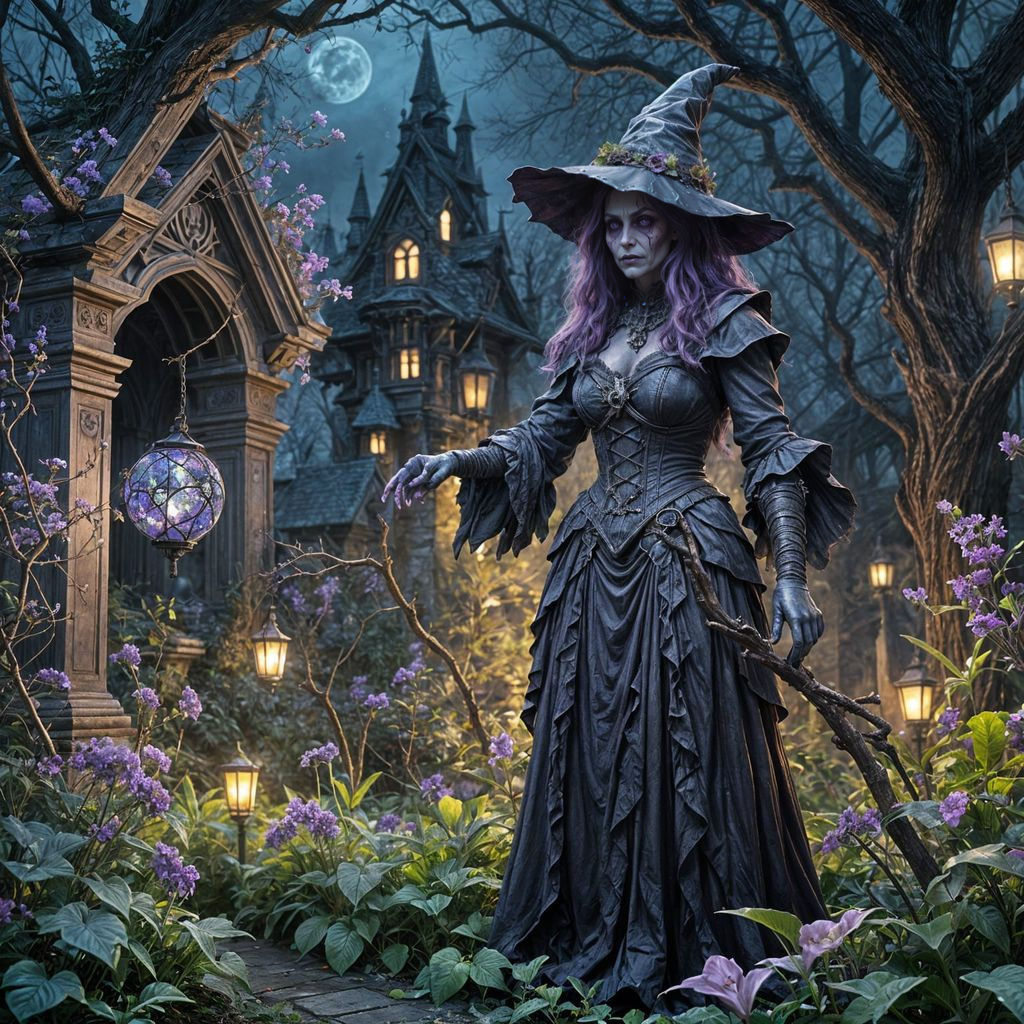 Rotting Witch with Blue Lights in Dark Garden