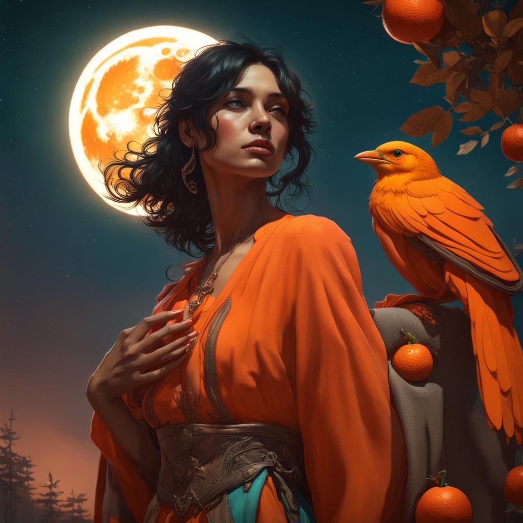 Woman with Orange Bird and Moon, Art Nouveau Style