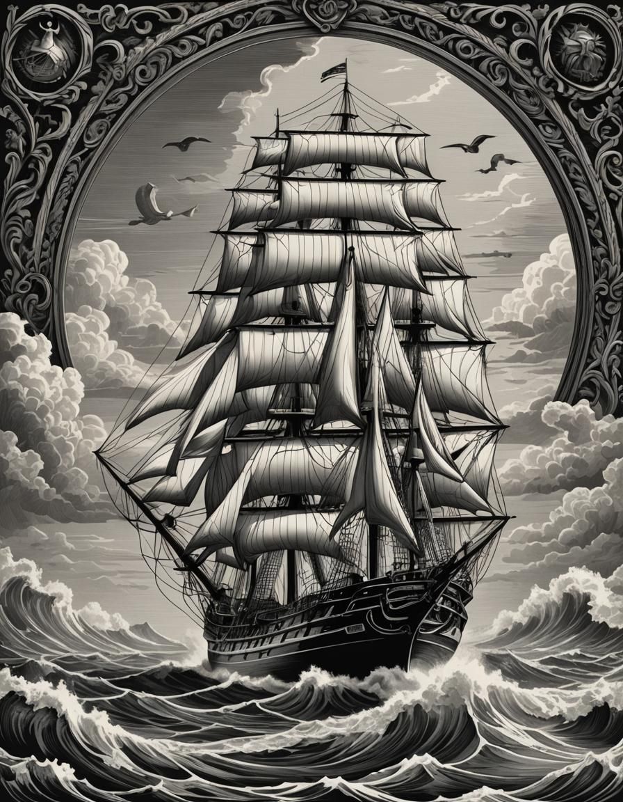 Monochrome Woodcut of Clipper Ship on the Seas