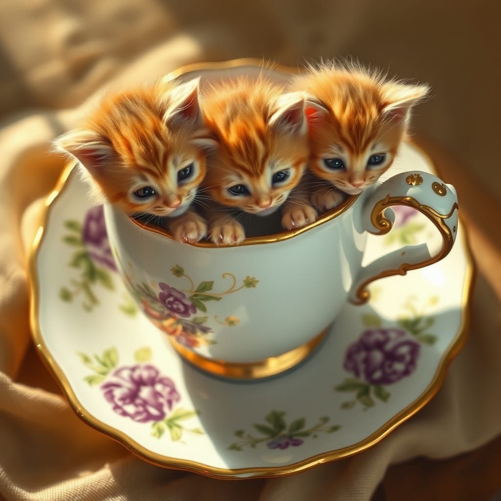 Kittens Overflowing from Antique Teacup, Dutch Masters Style