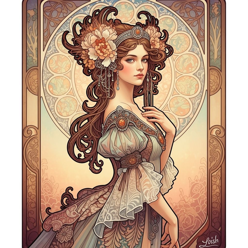 Art Nouveau Woman Portrait with Flowing Hair