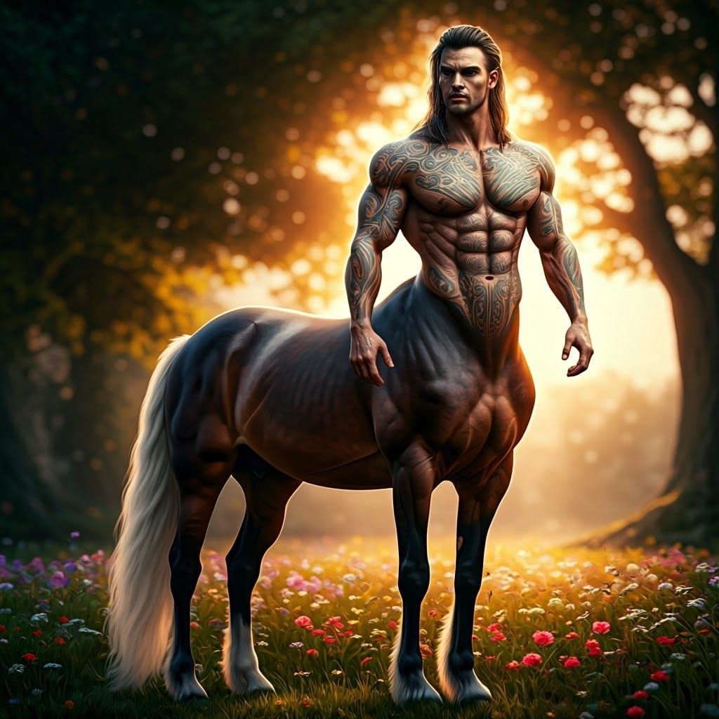 Hyperrealistic Centaur with Tattoos in Sunlight
