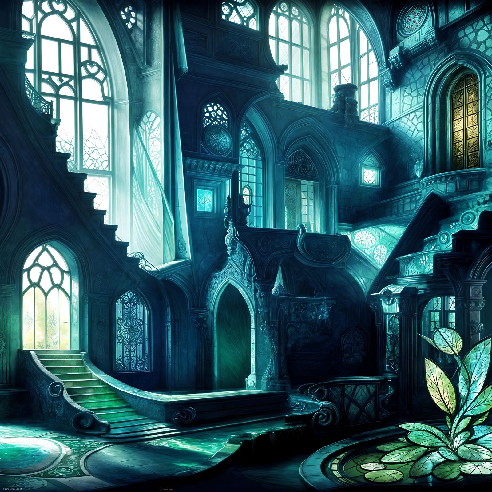 Fairie castle, blue green aqua, interior