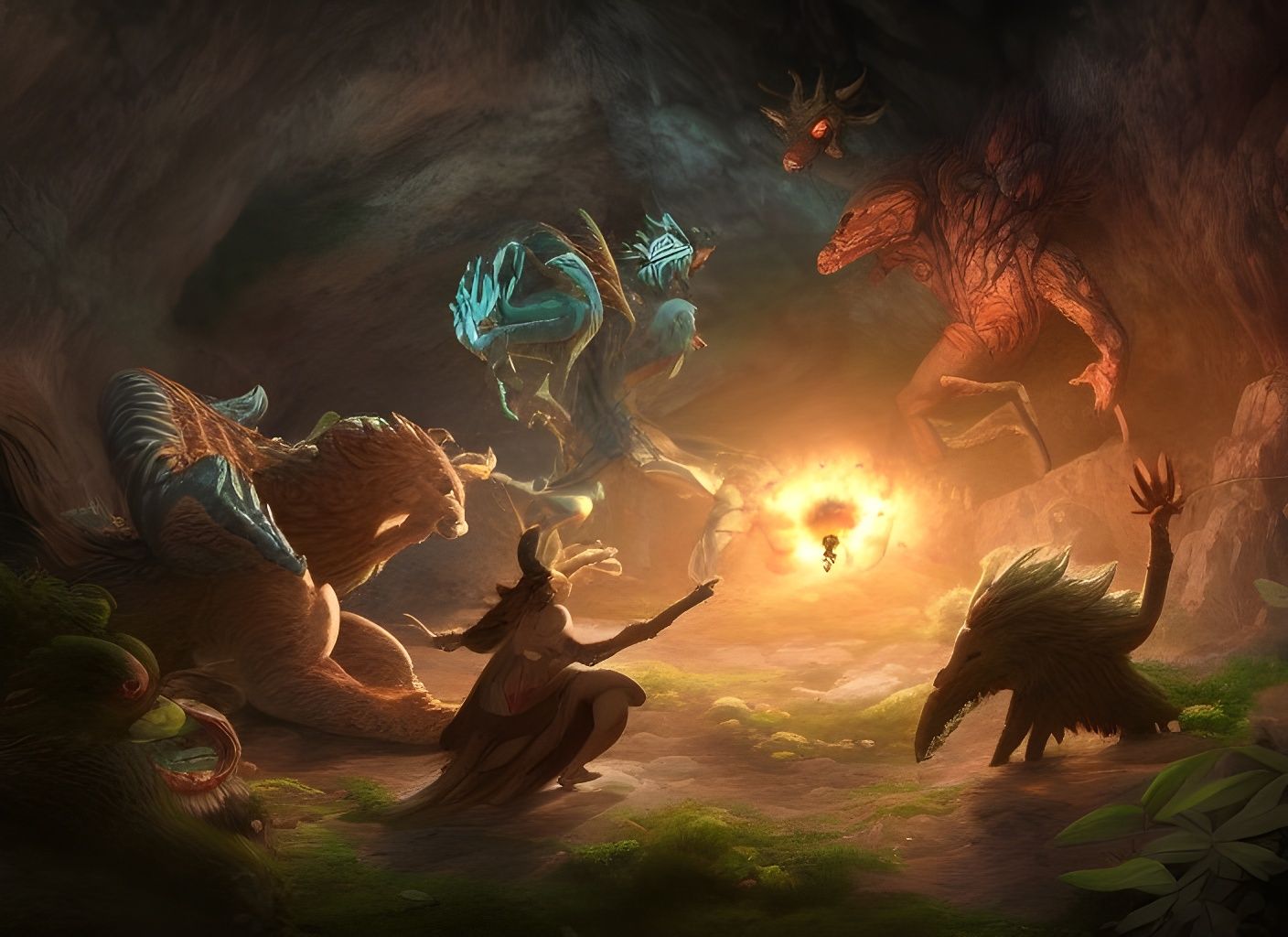 Fantasy Creature Battle in a Cave