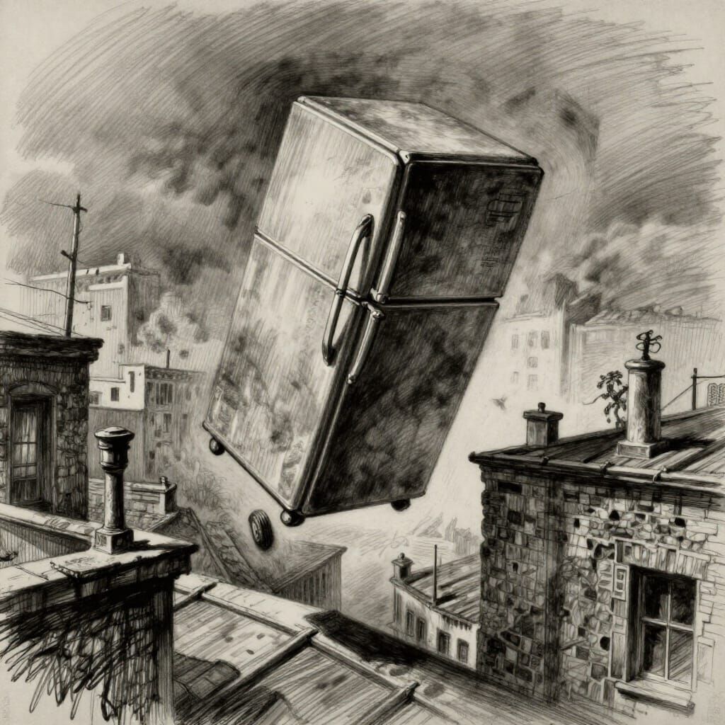 Vintage Refrigerator Leaps Rooftops in Charcoal Drawing Styl...