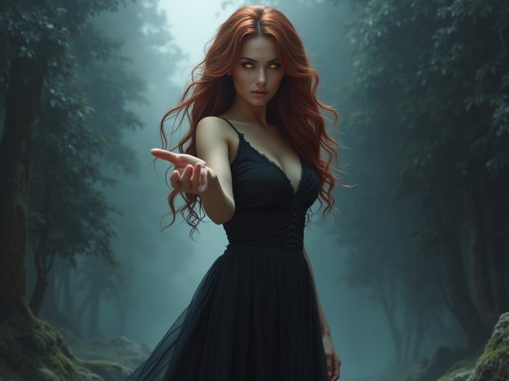 Hyper-Realistic Portrait of a Woman with Intense, Glowing Ha...