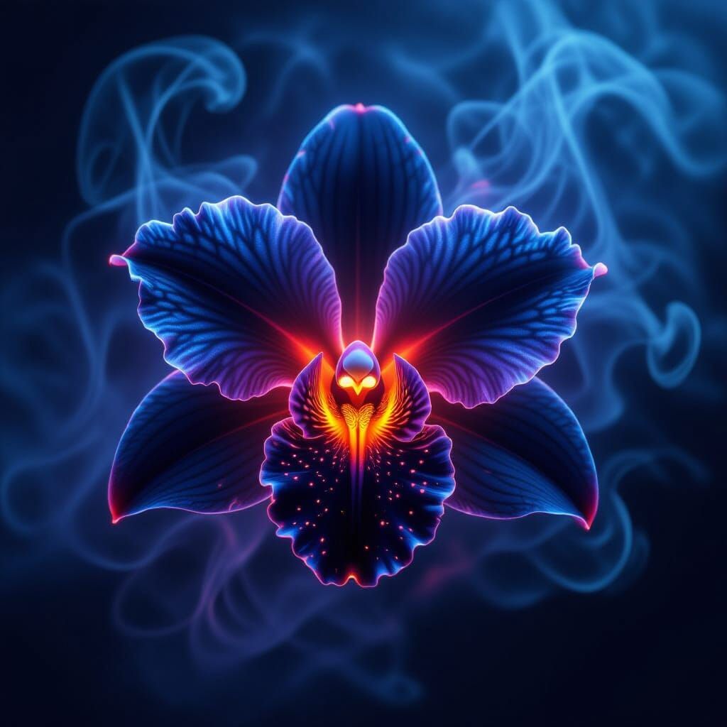Bioluminescent Orchid with Neon Circuitry in Cyberpunk Style
