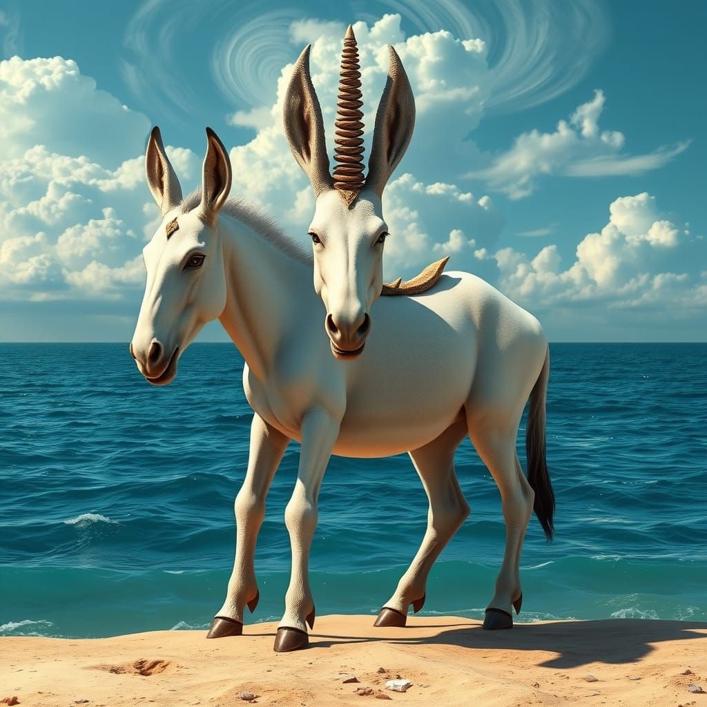 Majestic Three-Legged Donkey Stands at Ocean's Edge in Cyber...