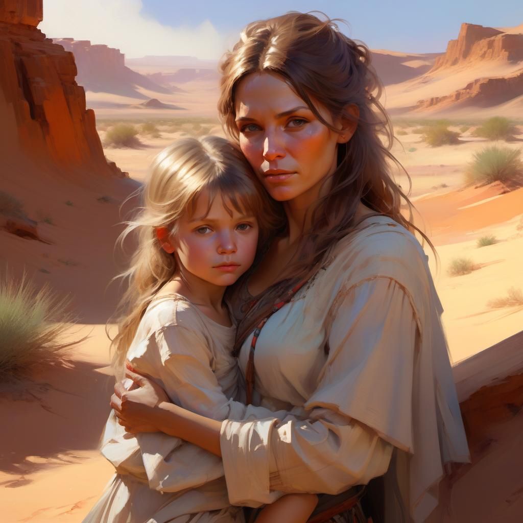Desert Mother and Child Portrait in Art Nouveau Style