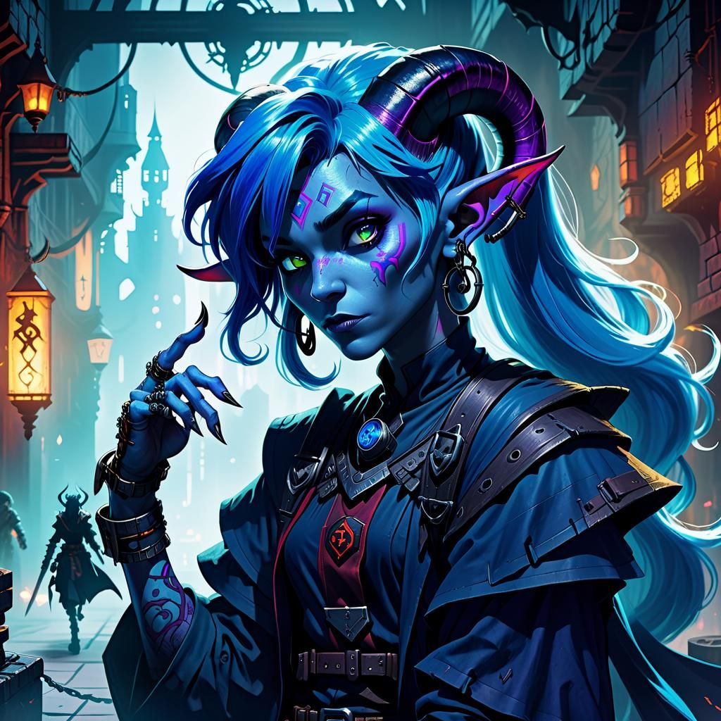 Cyberpunk Tiefling Sorcerer from Forgotten Realms