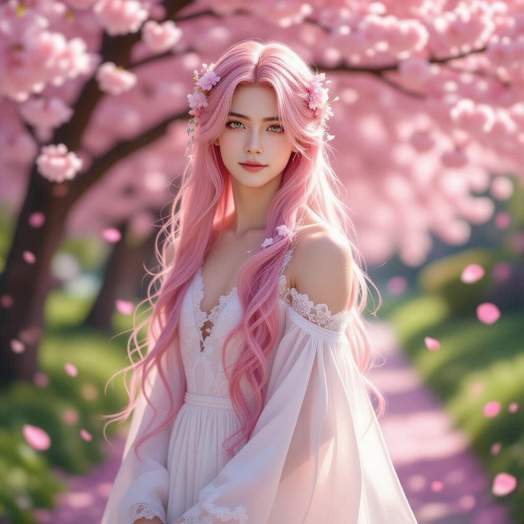 Pink-Haired Man in Cherry Blossom Garden