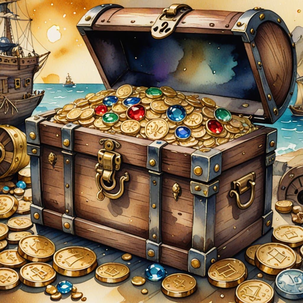 Pirate Treasure Chest Watercolor Storybook Illustration