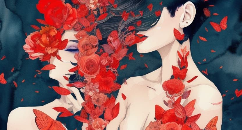 Elegant Earth Goddess in Red, Black, and Orange Watercolors