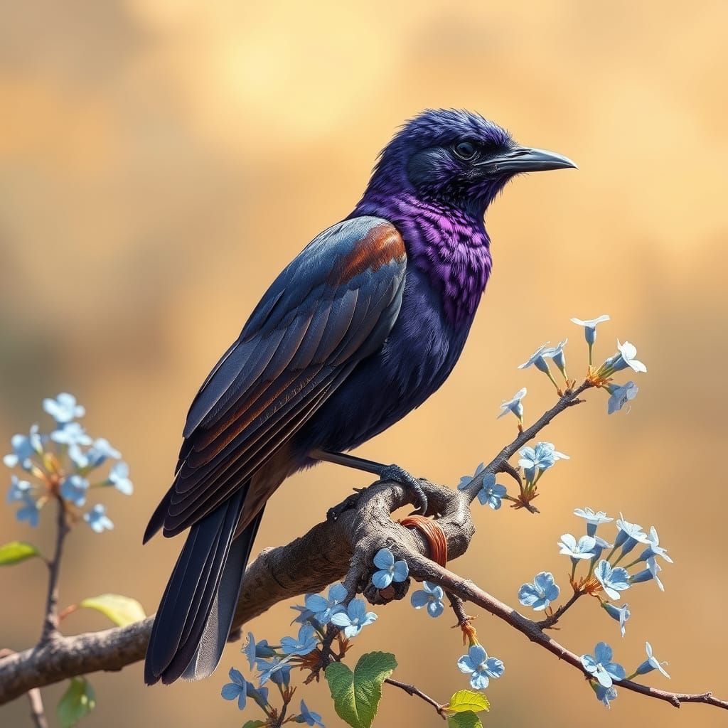 Purple Bird on Branch with Blue Flowers, Naturalistic Style