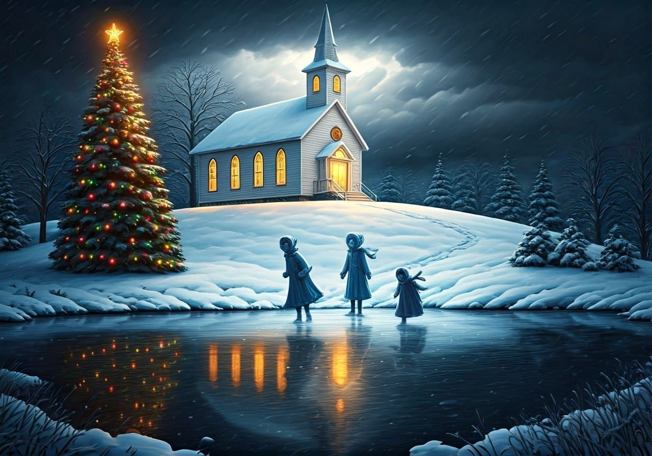 Whispers of Winter: A Snow-Kissed Church Amidst Ethereal Vis...