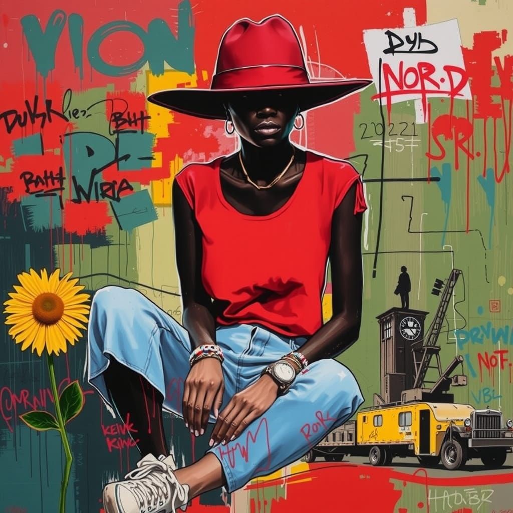 Woman in Vibrant Red Fedora, Neo-Expressionist Style