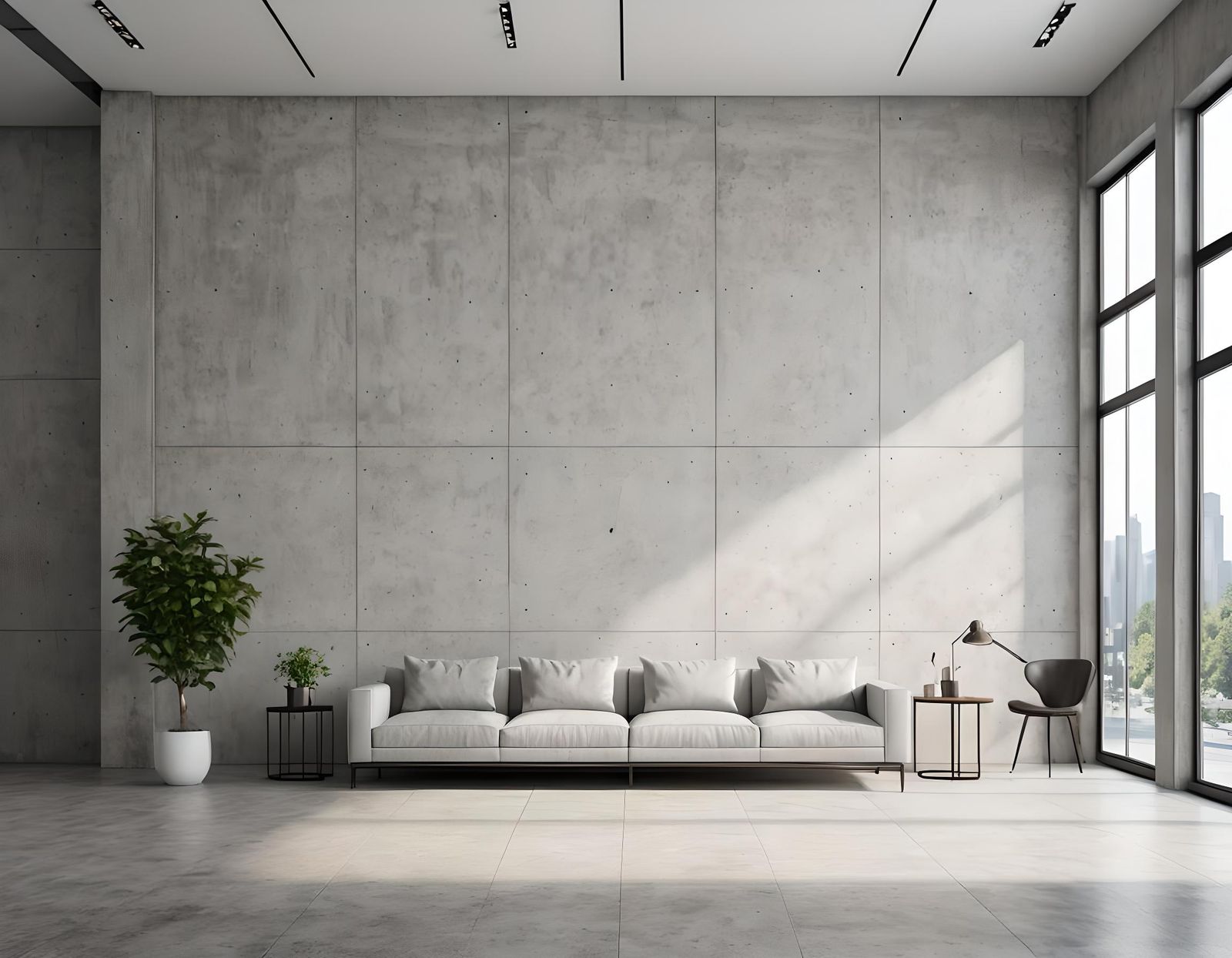 Bright Concrete Waiting Room with Blank White Wall