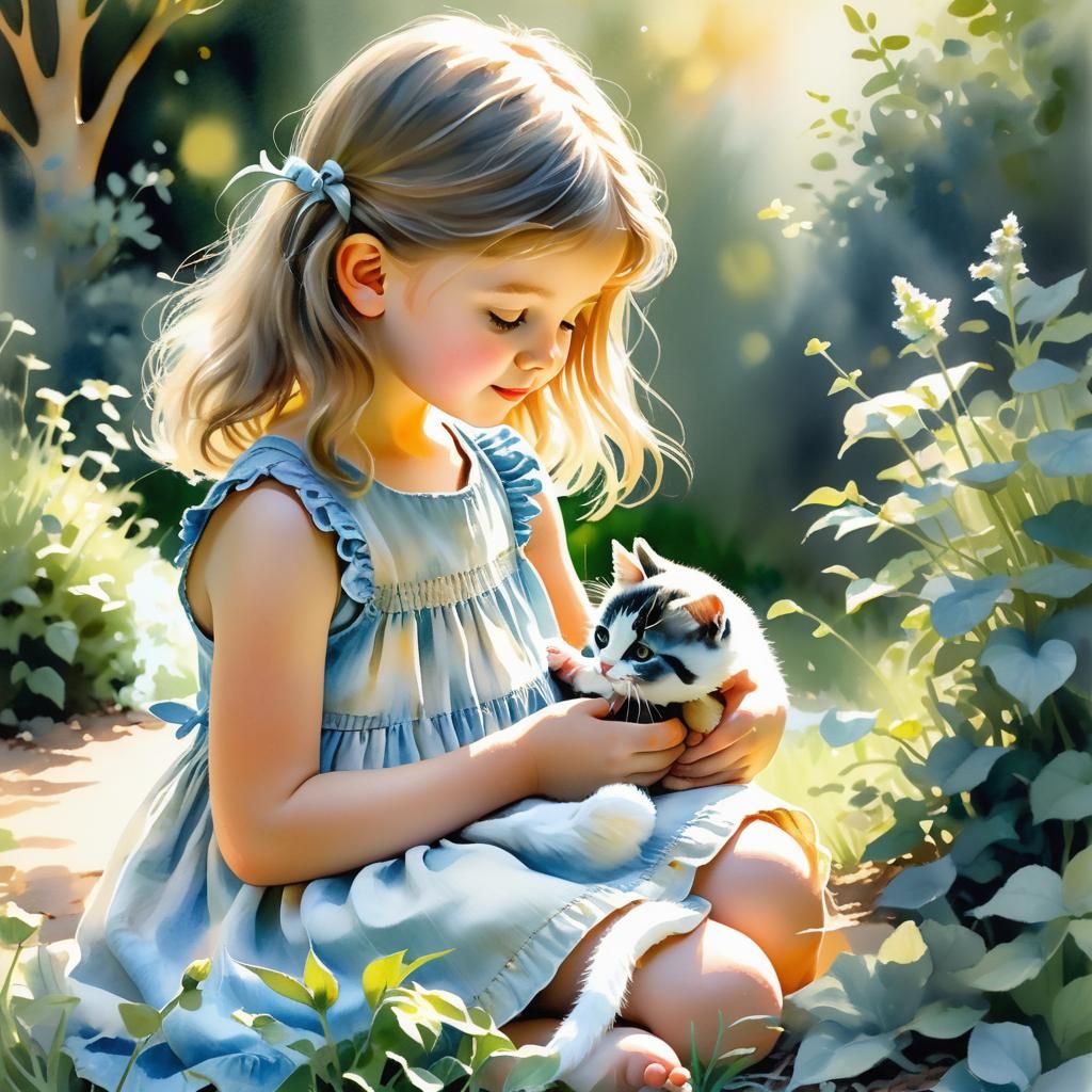 Girl and Kitten in Sun-Drenched Garden: Watercolor