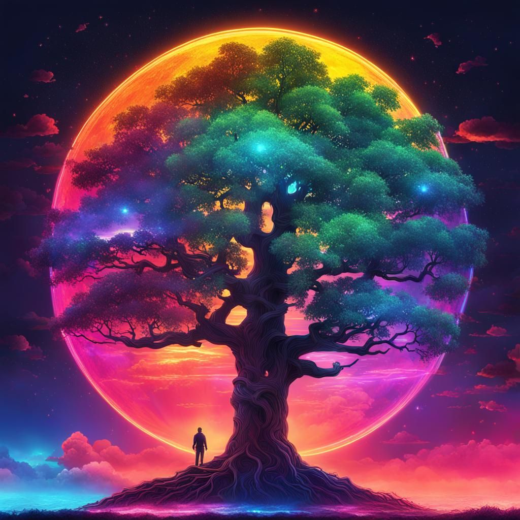 Tree of Life with Rainbow Sky in Cyberpunk Style