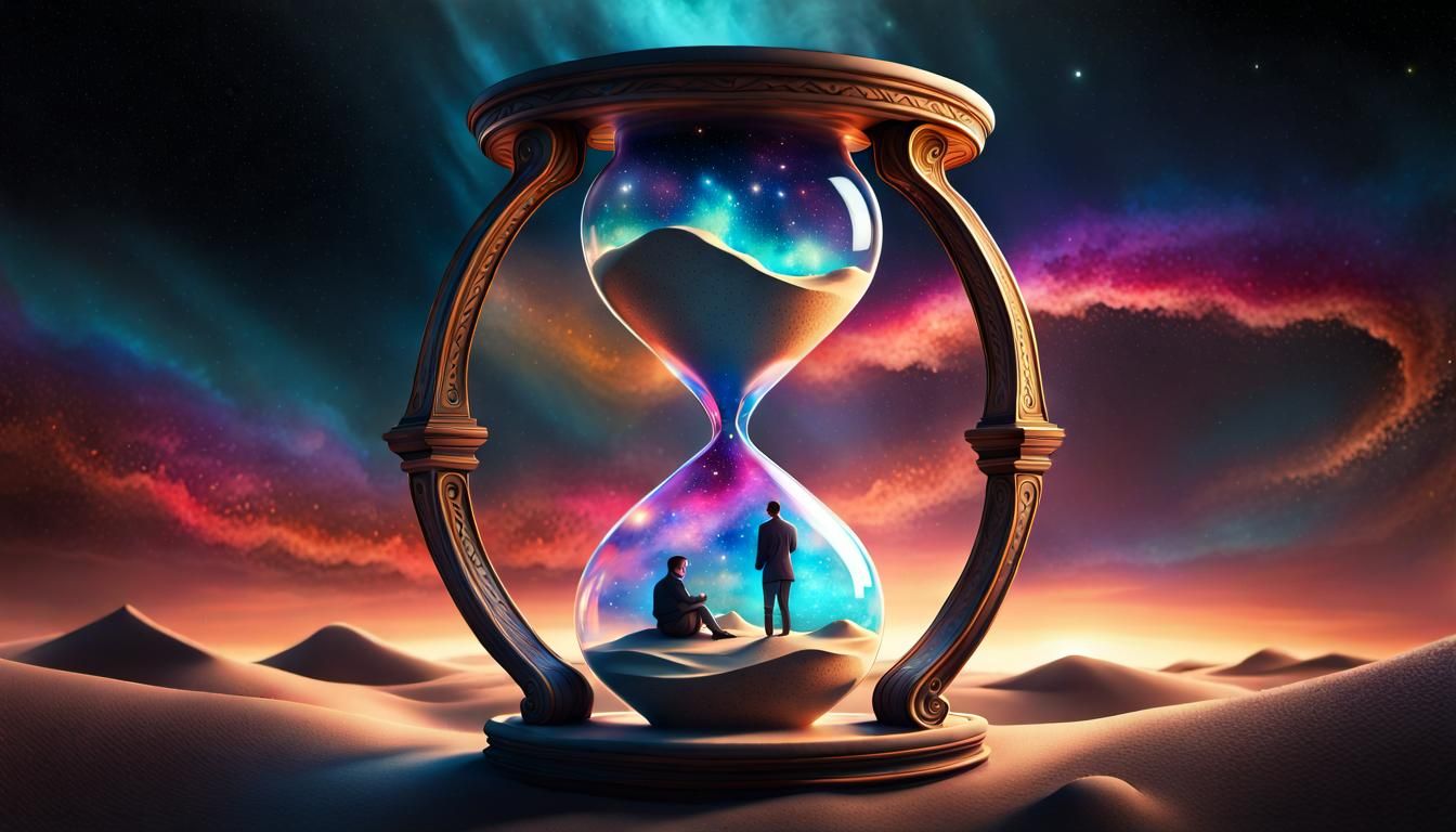 Man Buried in Hourglass: Vivid Watercolor Mixed Media