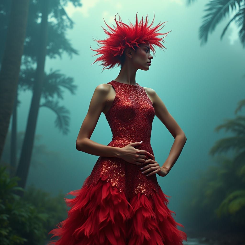 High Fashion Model in Scarlet Macaw-Inspired Avant-Garde Gow...