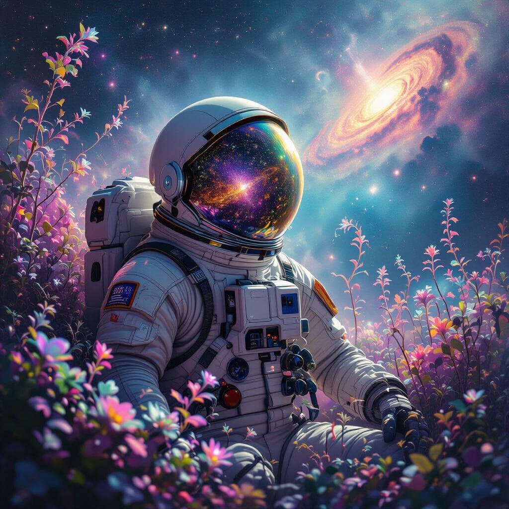 Astronaut Adrift in Cosmic Nebula with Alien Flora