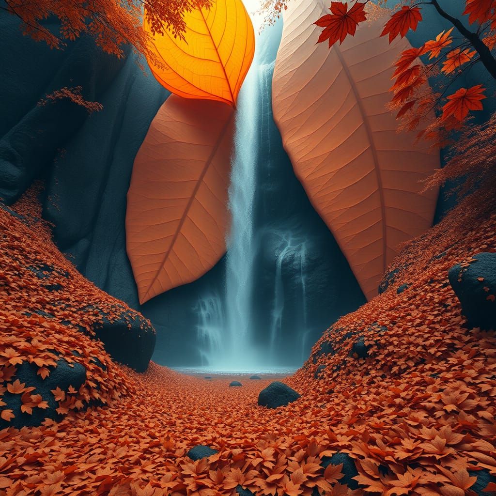 Autumn Waterfall Through Giant Orange Leaf