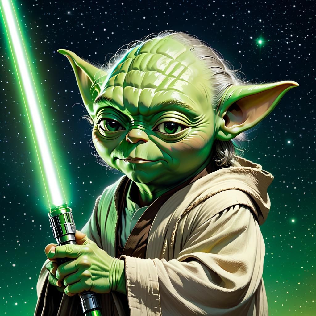 Vintage Yoda with Lightsaber in Starry Space