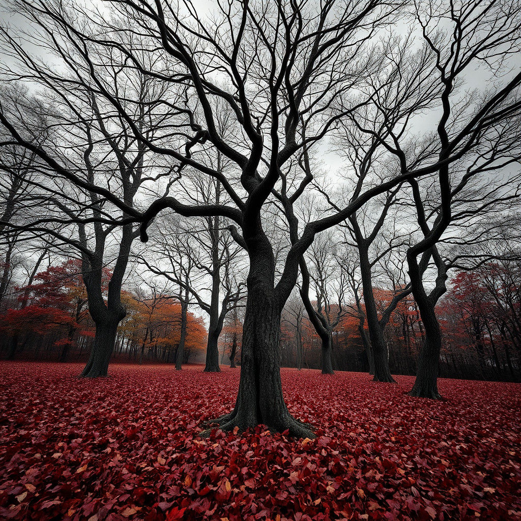 Autumnal Bare Trees in Moody Atmospheric Landscape