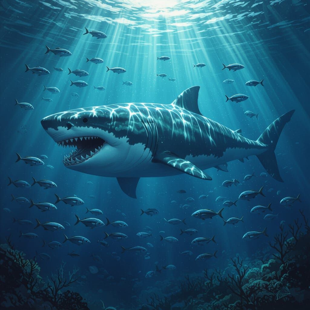 Megalodon in Ocean Depths with Sunlight, Dramatic Lighting