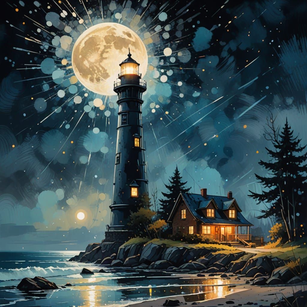 Majestic Lighthouse Under Full Moon, Ethereal Concept Art