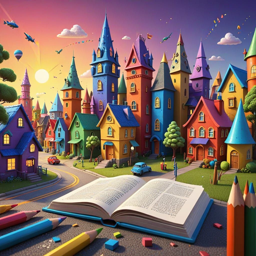 Whimsical Land of Colorful Books and Pencils in a Bubbly Pix...