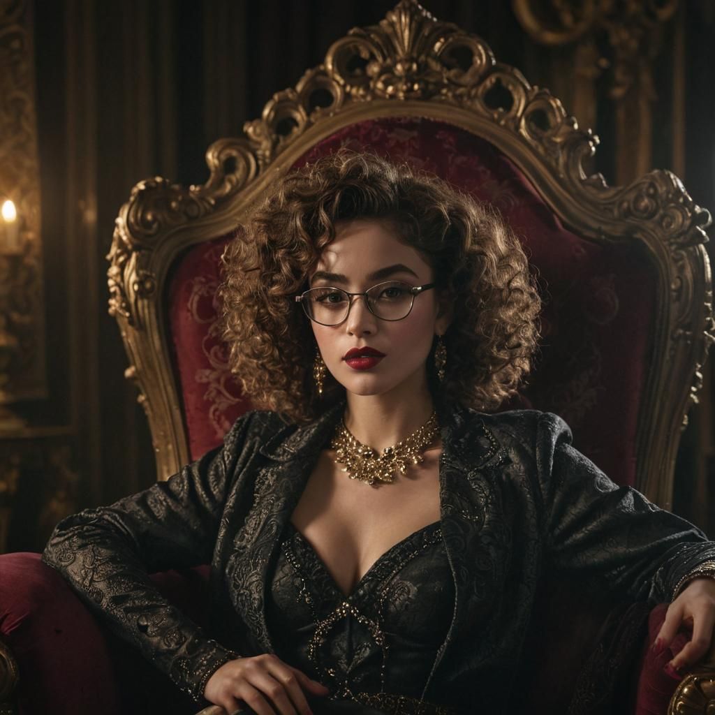 Glamorous Woman on Velvet Throne in Photorealistic Style