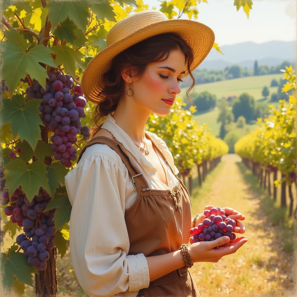 European Woman at Grape Harvest in Autumn Light
