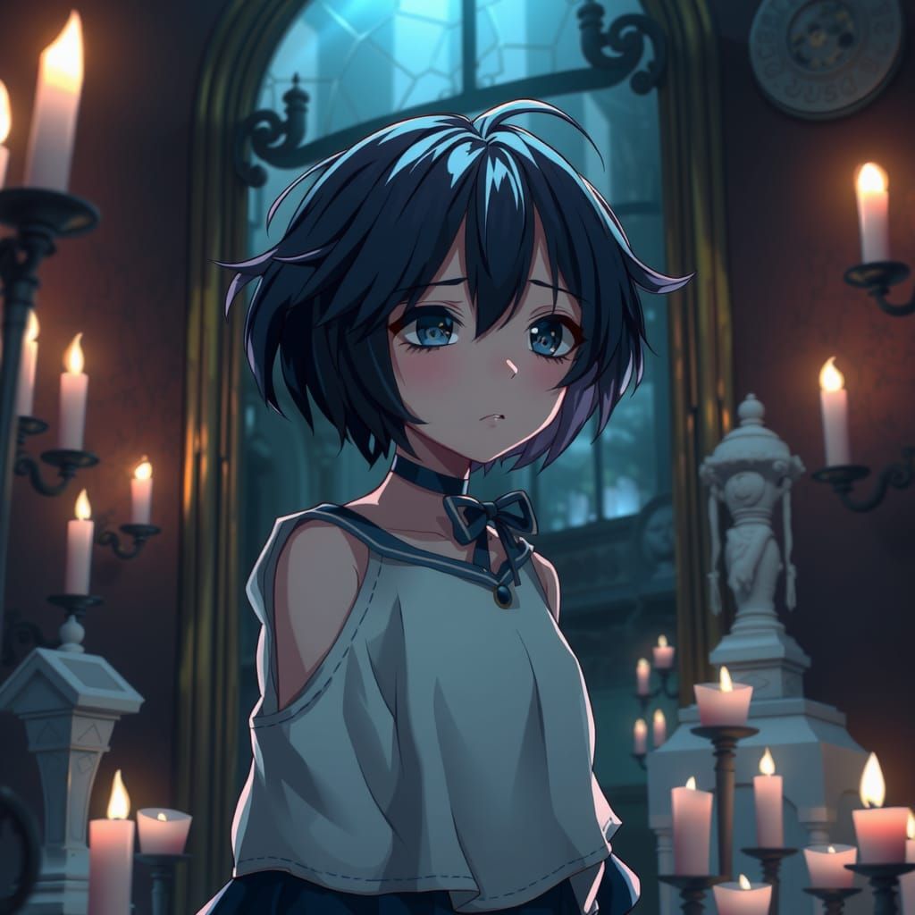 Nervous Anime Idol in Dimly Lit Room