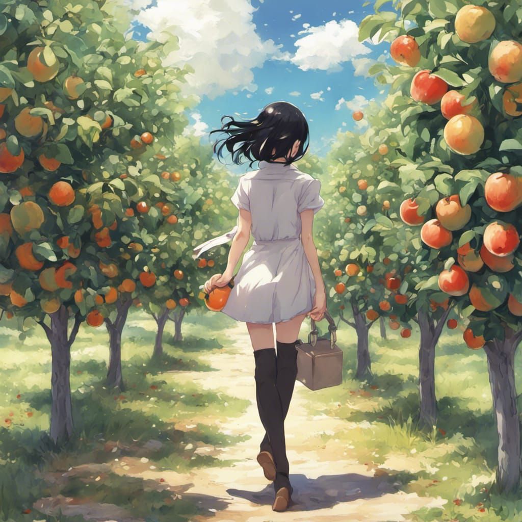 Anime Girl Walks in Fruit Orchard