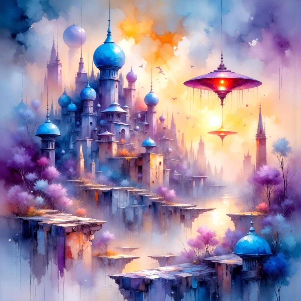Surreal Futurist City Unfolds in Shimmering Watercolour Styl...