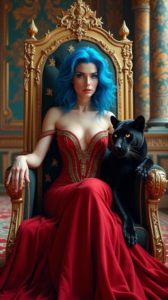 Woman on Throne with Panther, Fantasy Digital Art