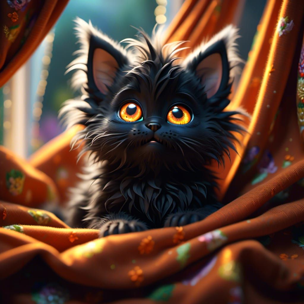 Furry Black Kitten Portrait with Orange Eyes