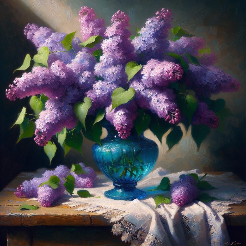 Lilac Flowers in Blue Vase, Impasto Oil Painting