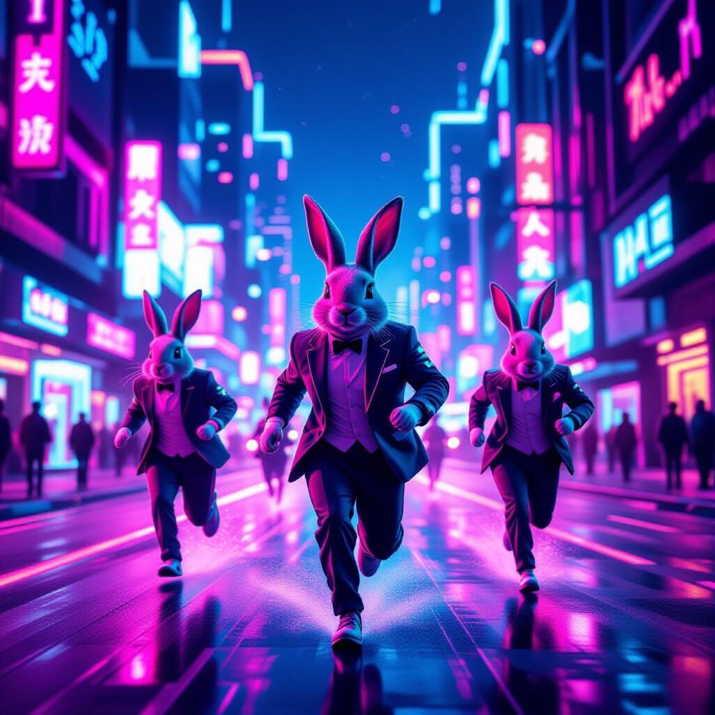 Neon Rabbits Race Through Synthwave Cityscape