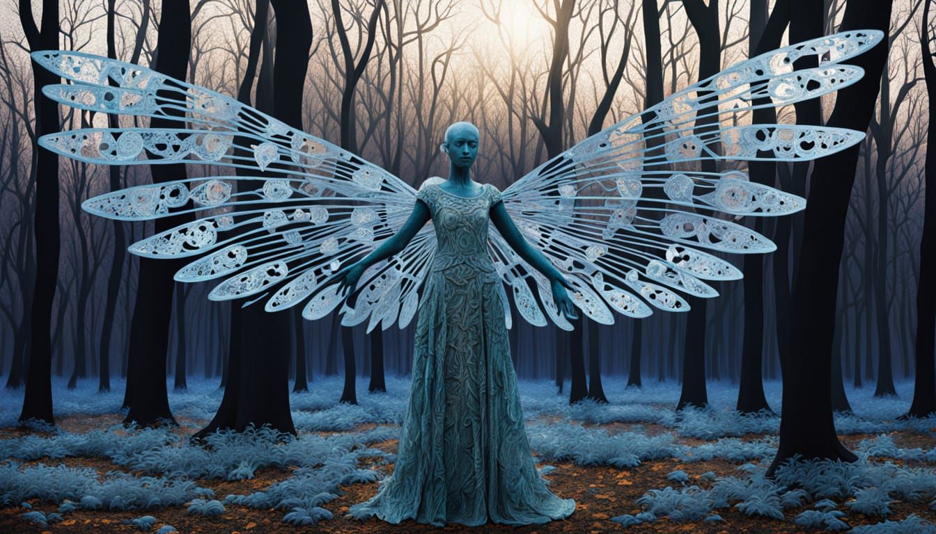 Fragmented Sculpture of Woman with Iridescent Wings in Klimt...