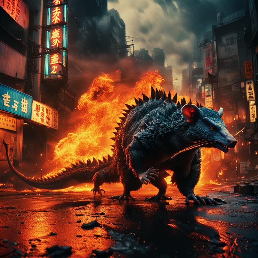 Possum and Godzilla Clash in Burning Tokyo Street