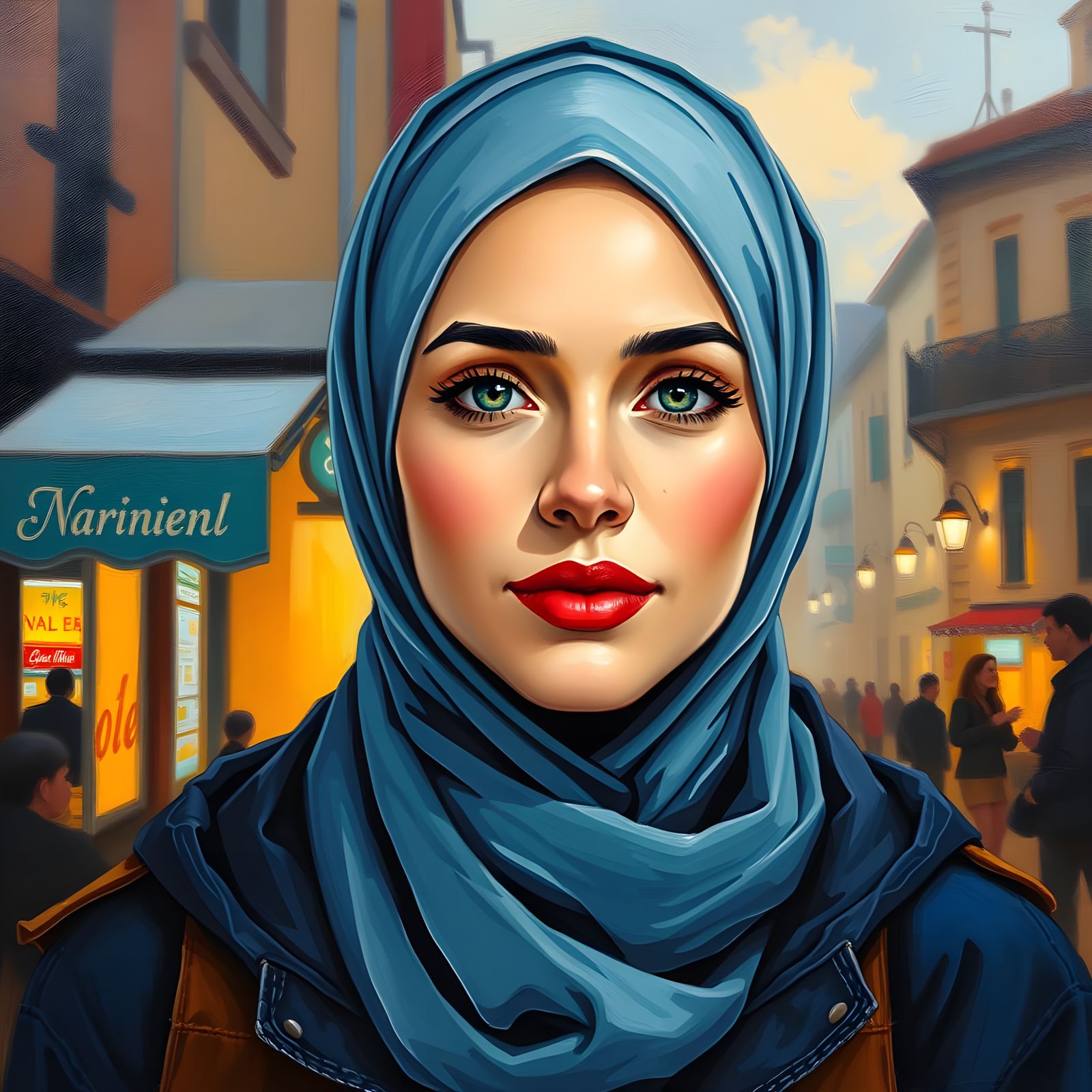 Elegant European Hijabi Woman in Oil-Guache Melting Painting