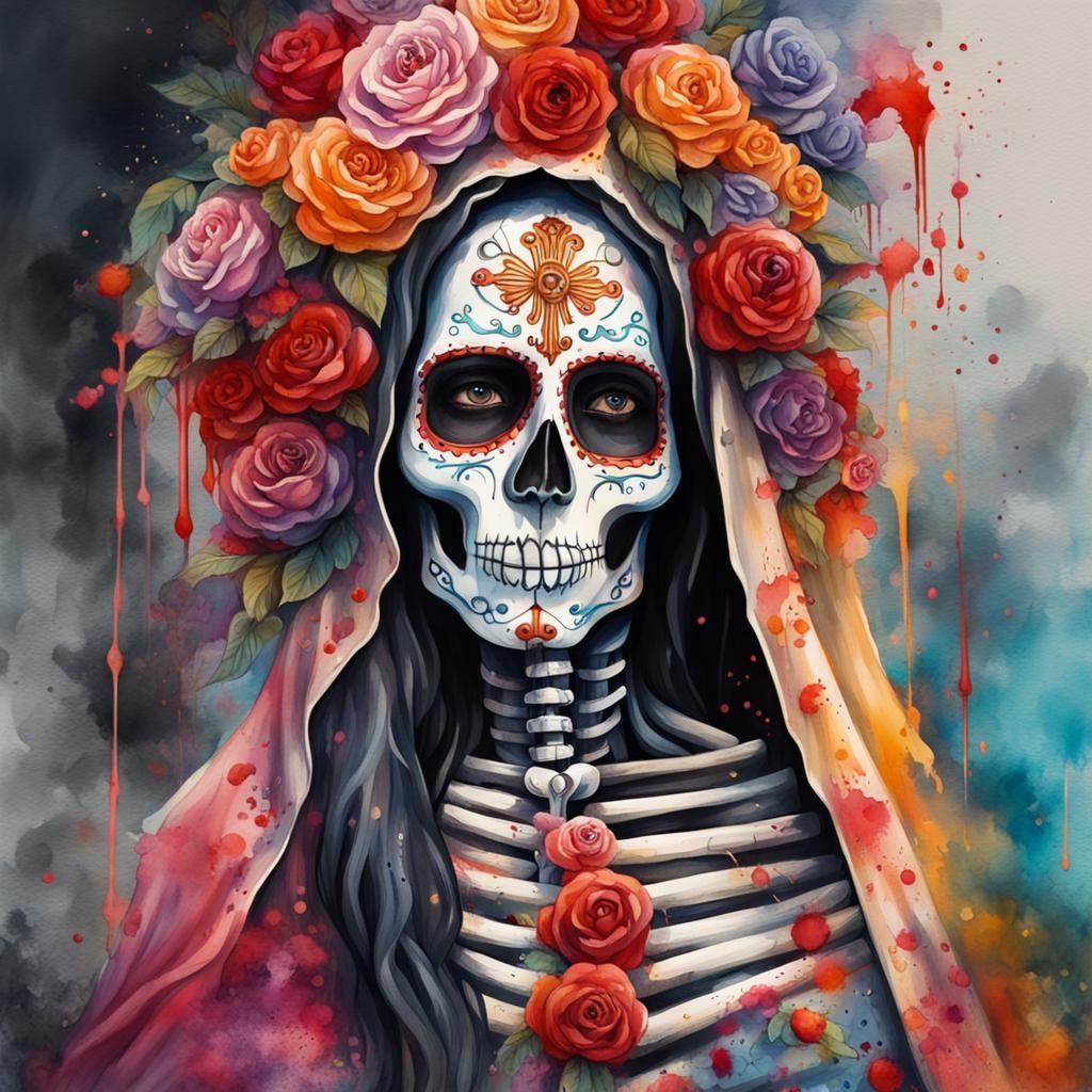 Santa Muerte Street Celebration in Watercolour Graffiti Styl...