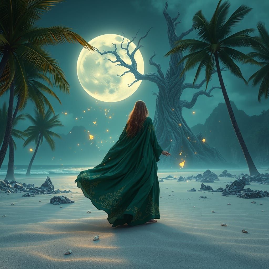 Emerald Witch Stands at Moonlit Beach Edge